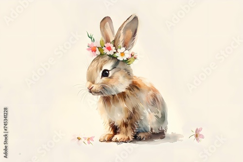 Rabbit with flower crown on head on beige background. Spring holiday. Easter celebration concept. Cute bunny character. Watercolor illustration for invitation, greeting card with copy space © dreamdes