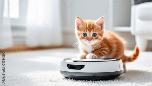 A red striped kitten sits on a robot vacuum cleaner in a bright room