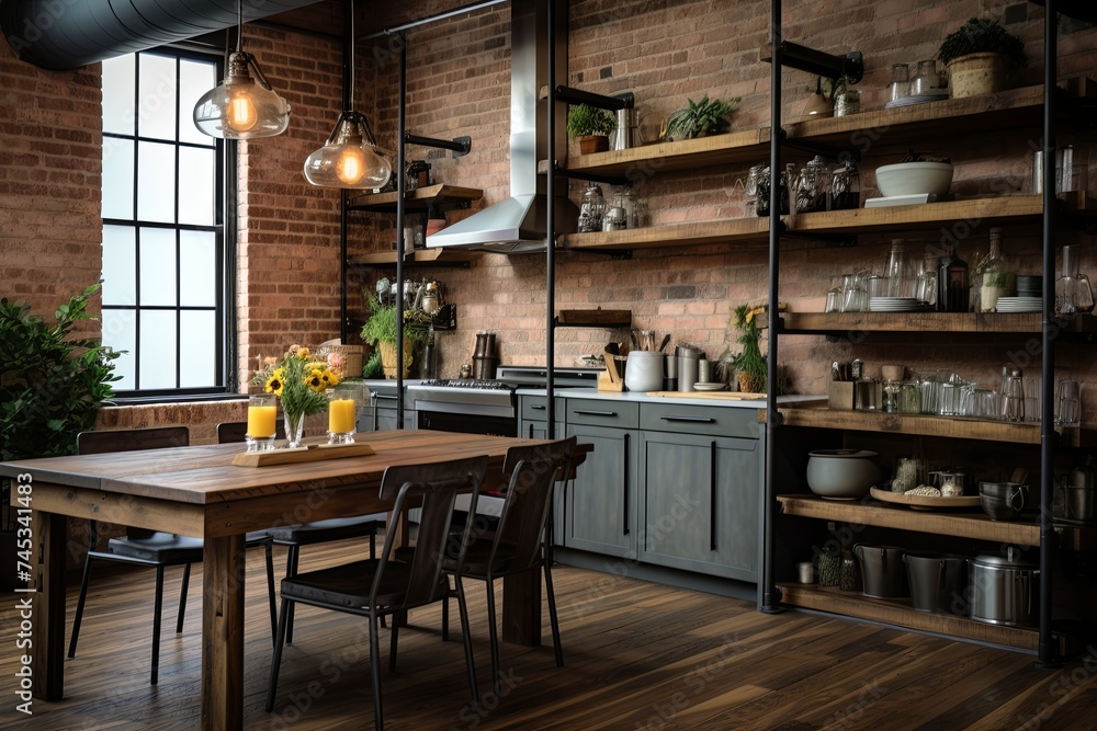Rustic Modern Industrial Loft Kitchen: Wooden Shelves, Steel Accents, Cozy Rug Inspiration