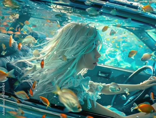 Surreal underwater car ride with white-haired girl and fish
