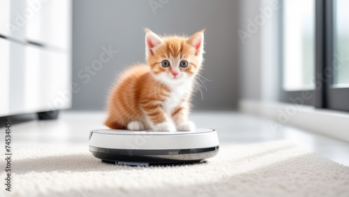 A red striped kitten sits on a robot vacuum cleaner in a bright room