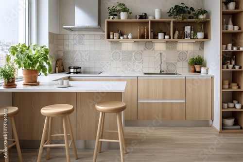 Scandinavian Kitchen Dreams: Mosaic Tile Backsplash Ideas with Minimalist Touch, Wooden Island, and Indoor Plants © Michael