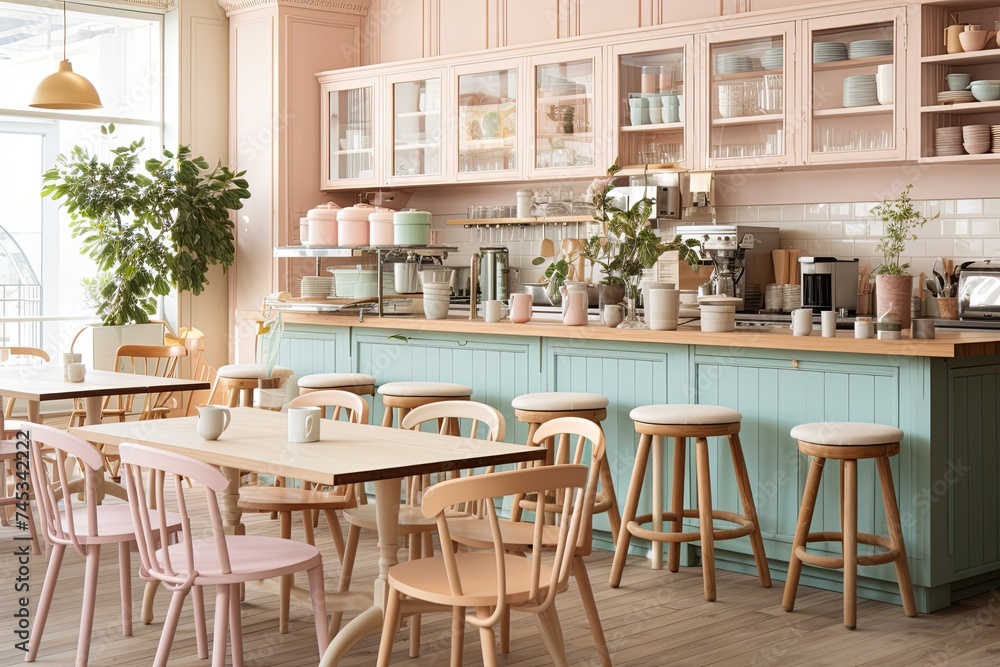 Pastel Perfection: Chic Bistro Vibes with Cozy Cafe Feel and Wooden Coffee Bar