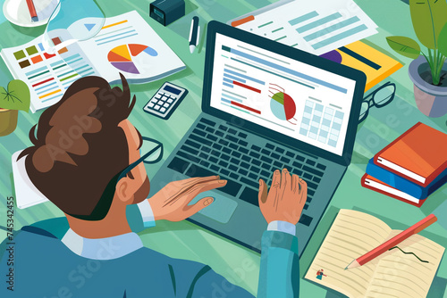 Illustration of a Businessman using laptop and calculator to do taxes calculation