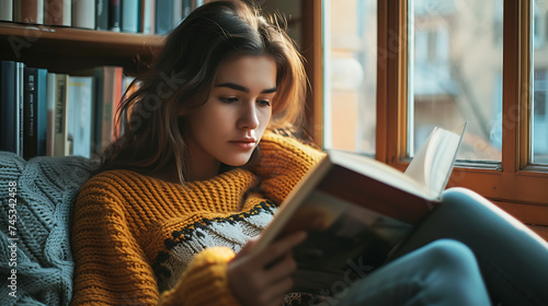 Jovem mulher desfrutando de um café quente com vista urbana através de uma janela acolhedora