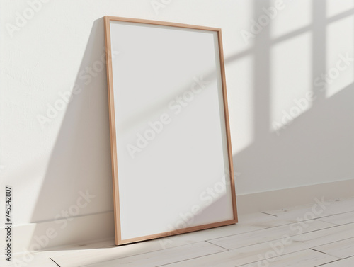 Framed Poster Mockup on White Wall with Wooden Frame