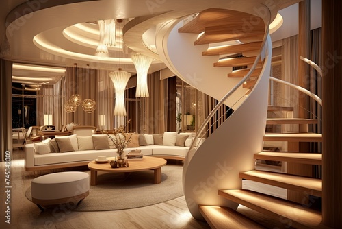 Wooden Elegance: Spiral Staircase Designs with Elegant Curve and Pendant Lights in Living Room