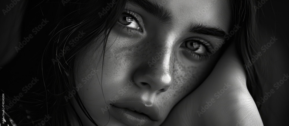 A black and white close-up of a young womans face, displaying a melancholic expression. The woman appears to be experiencing deep sadness or emotional turmoil. A black and white close-up of a young womans face, displaying a melancholic expression. The woman appears to be experiencing deep sadness or emotional turmoil.