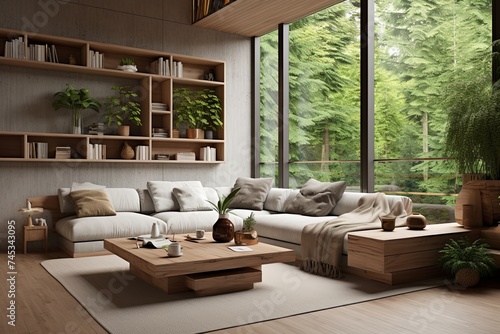 Nordic Sunken Living Room: Minimalist Design with Wooden Accents and Indoor Greenery © Michael