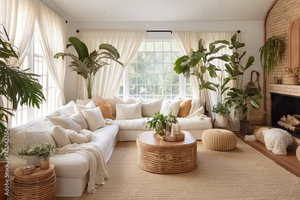 Sunken Living Room Design: Coastal Vibes & Rattan Furniture with Light Curtains & Houseplants accents