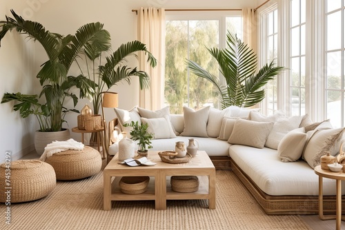 Sunkissed Coastal Retreat: Sunken Living Room Design with Rattan Furniture, Light Curtains, and Houseplants © Michael