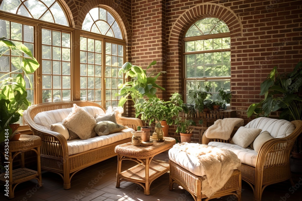 Obraz premium Sunny Sunroom Retreat: Exposed Brick Walls, Rattan Charm, Brick Archways, Nature Indoors