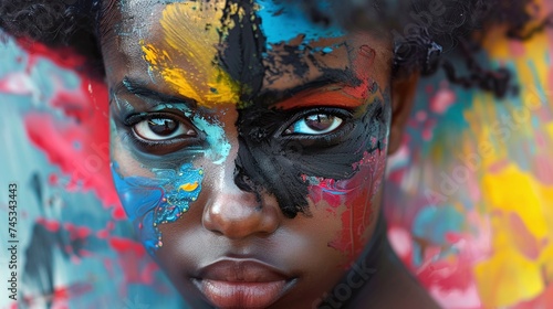 stunning painting of a pretty young african american woman with colorful paint on her face, celebrating beauty and diversity in art © CinimaticWorks