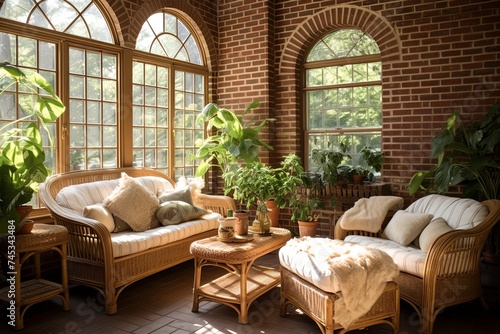 Sunny Sunroom Retreat  Exposed Brick Walls  Rattan Charm  Brick Archways  Nature Indoors