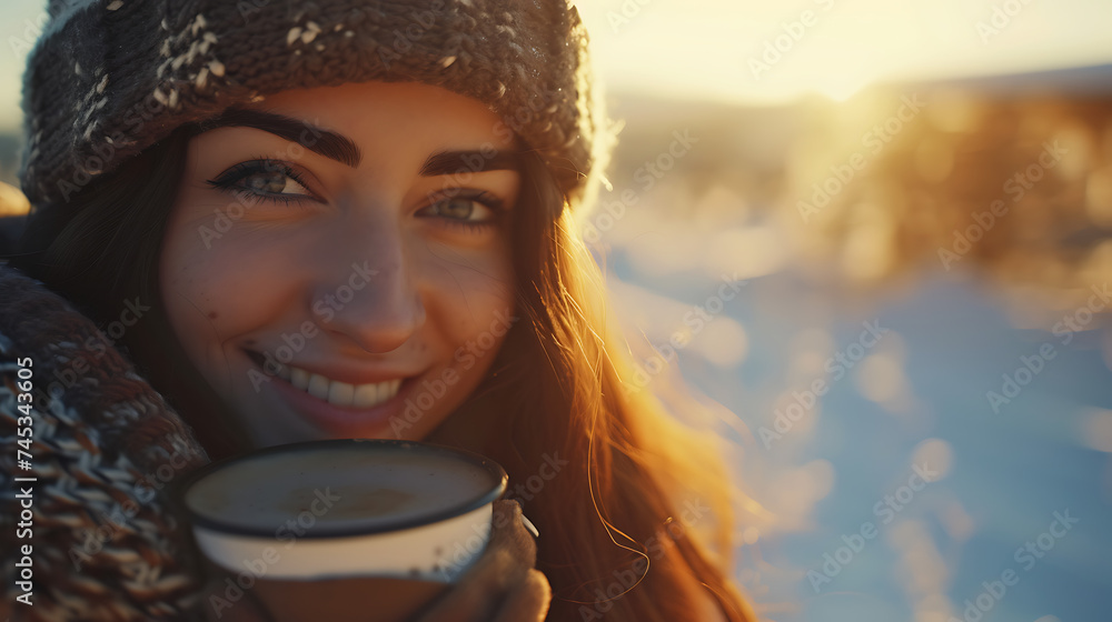 Uma jovem mulher sorridente com uma xícara de café e um nascer do sol suave ao fundo Enquadramento próximo com lente 50mm - obrazy, fototapety, plakaty 