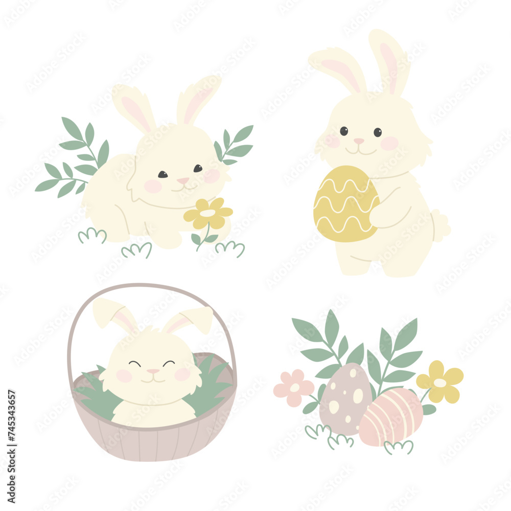 Fototapeta premium Set of Easter bunnies. Cute holiday characters. Traditional symbol of the Easter hunt. Colorful eggs for religious celebration