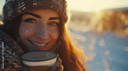 Uma jovem mulher sorridente com uma xícara de café e um nascer do sol suave ao fundo Enquadramento próximo com lente 50mm photo