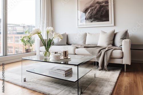 Glass Coffee Table Decor: Scandinavian Urban Apartment with Modern Art and Cozy Rug