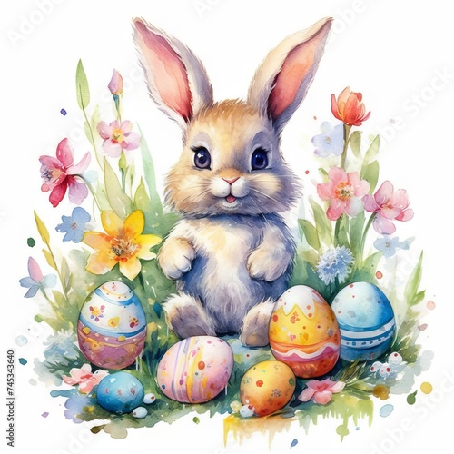 Easter bunny and easter eggs watercolor clipart