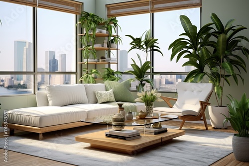 Green plants and wooden accents enhance modern urban living room with glass coffee table and chic couch © Michael