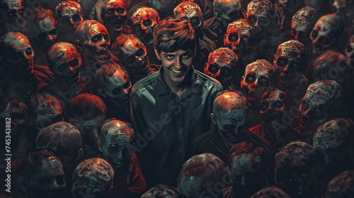 smiling man standing amidst zombies, embracing individuality and thinking differently photo