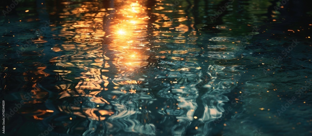 The reflection of a street light is captured on the rippling surface of a spring lake, creating a shimmering effect. The light source appears elongated and distorted due to the movement of the water.