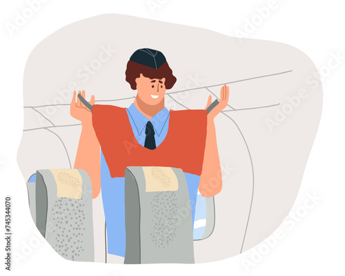 Flat vector illustration steward giving safety briefing in airplane, life jacket demonstration. Stewardess standing in aisle of airplane, giving briefing, explaining safety rules in emergency.