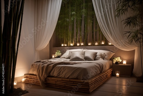 Zen Bedroom Sanctuary: Bamboo Decor, Minimalist Design with Soft Lighting and Indoor Plants