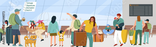 Horizontal banner, panorama, view from the window. People in the departure area at the airport. Passengers with luggage in the waiting room of the international terminal. Tourists with luggage walk an