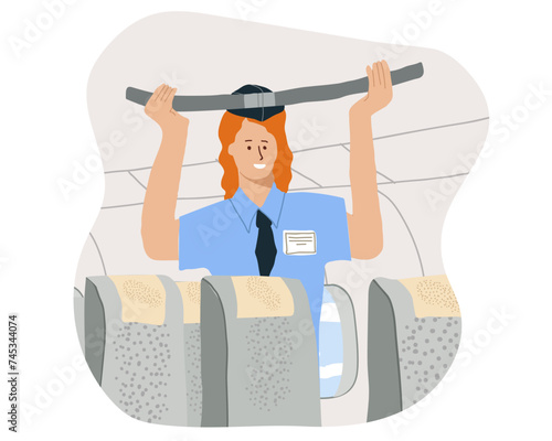Flat vector illustration steward giving safety briefing in airplane, life jacket demonstration. Stewardess standing in aisle of airplane, giving briefing, explaining safety rules in emergency.