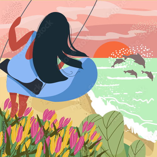 Square postcard with a scene of a woman, a girl with her back on a swing, admiring the sunset or sunrise on the coast of the sea, ocean, trip to the sea, travel. Hand drawn vector illustration.