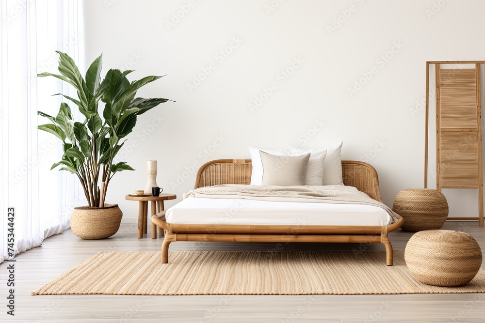 Tranquil Zen Vibe: Minimalist Bedroom Retreat with Rattan Rug and Wooden Bed