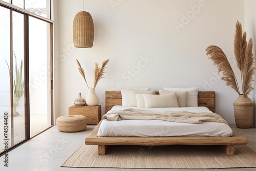 Zen Vibes: Minimalist Bedroom with Wooden Bed, Soft Linens, and Rattan Decor © Michael