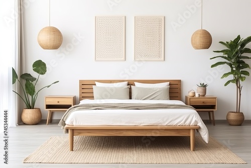 Green Oasis  Zen-Inspired Minimalist Bedroom with Wooden Bed  Rattan Rug  and Lush Plants