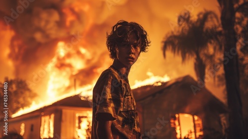 Young person, casual attire, standing before a house engulfed in flames, dusk lighting, expression of shock or disbelief, emergency situation