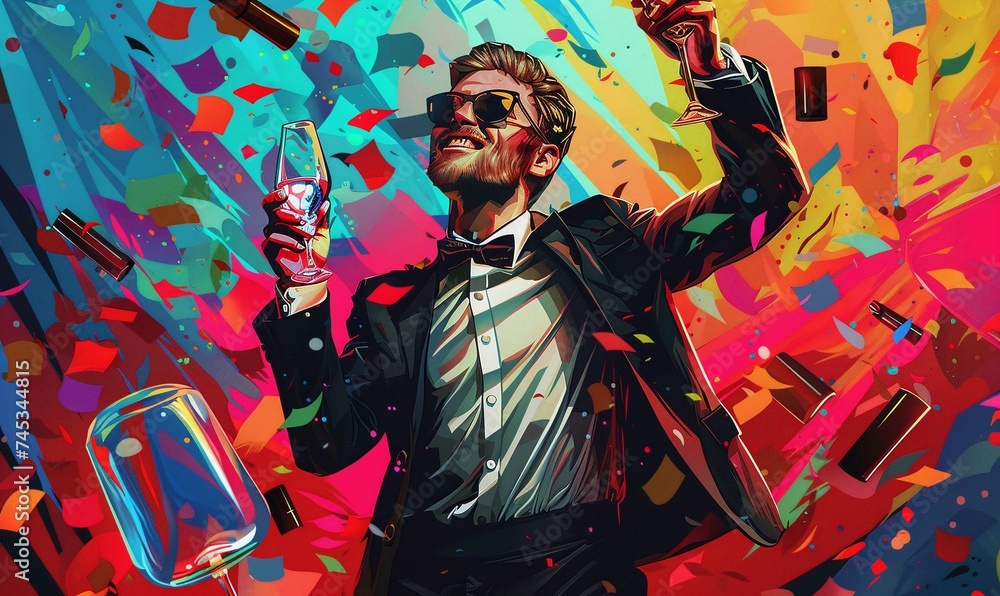 Fototapeta premium fashion illustration of a stylish man, elegant outfit for celebrating VIP party in collage artwork