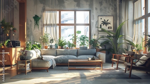 cozy livingroom in sunny scandinavian apartment: japandi style interior with wood accents