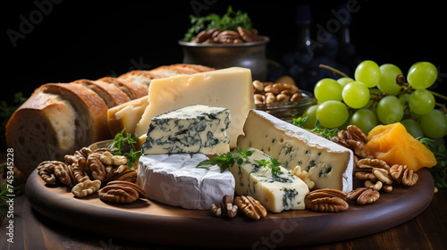 Cheese plate with different types of chees, grape and bread, steel life on a wooden board