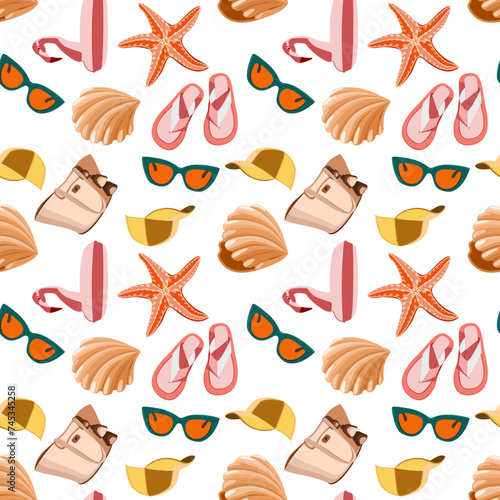 Seamless travel pattern with vacation accessories and seashells with sea stars. Vector illustration 