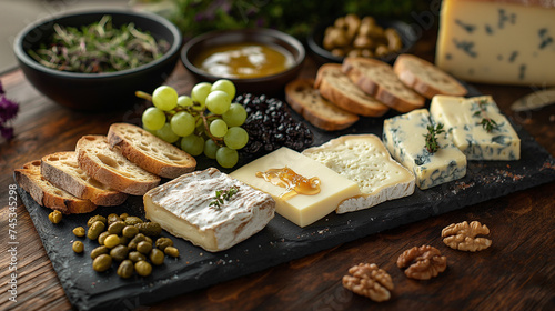 Cheese plate with different types of chees, grape and bread, steel life on a wooden board