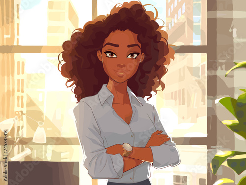 Happy beautiful businesswoman African American woman on background in office bright sunny day, cartoon style vector, worker, freelancer, African woman