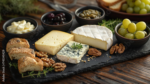 Cheese plate with different types of chees, grape and bread, steel life on a wooden board