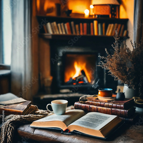 Comfortable and aestetic place with fireplace, book and cup of tea. photo