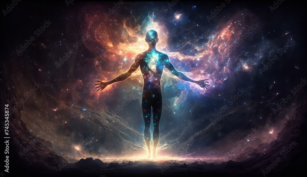 humanoid figure is standing in space with ethereal light behind him, cosmic galaxy illustration, 