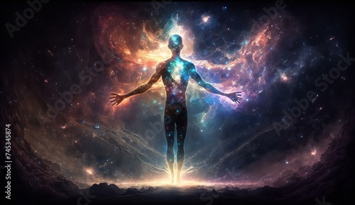 humanoid figure is standing in space with ethereal light behind him, cosmic galaxy illustration, 