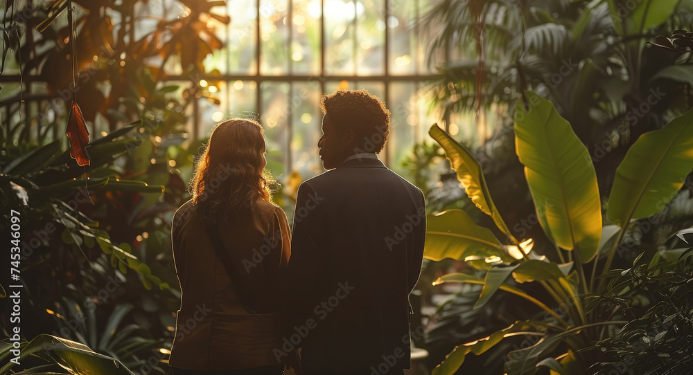 Colleagues discussing at botanical garden, minimalist. Generative AI. Colleagues discussing at botanical garden, minimalist. Generative AI.