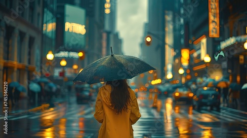 Woman in yellow clothes stood on the street, holding an umbrella on a rainy. Generative AI.