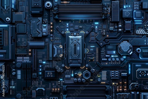 An illustration of a computer motherboard with a lock and login interface, representing cybersecurity.
