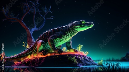 A Crocodile on a hill next to a tree illustration Generated AI photo
