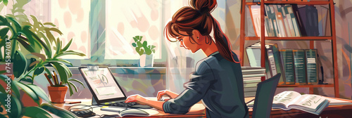 Illustration of a Businesswoman using laptop and calculator to do taxes calculation photo
